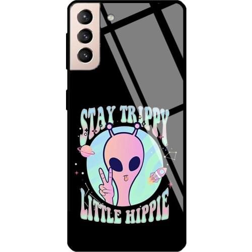 Stay Trippy Little Hippie Peace Alien Tempered Glass Phone Case For Samsung Galaxy S20 FE S21 Ultra Note20 S8 S9 10 Plus Note10