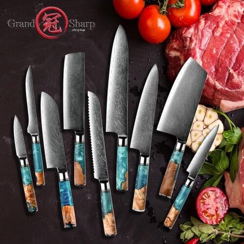 Damascus Kitchen Knives vg10 Japanese Stainless Steel Chef Santoku Cleaver Bread Utility Paring Knife Cooking Tools Grandsharp