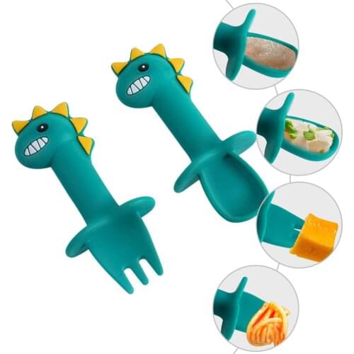 Baby Learning Spoon Fork Set Cartoon Short Handle Easy Soft Silicone Utensils Teether Toy Feeding Cutlery Dinosaur Tableware