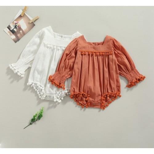 FOCUSNORM Lovely Baby Girls Autumn Jumpsuits Outfits 0-24M Solid Ruffles Tassels Long Sleeve Button Rompers 2 Color