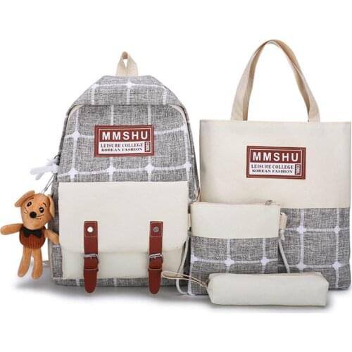 4pcs Canvas School Backpack for Teenagers Student Shoulder Bags Pencil Case Set A69C