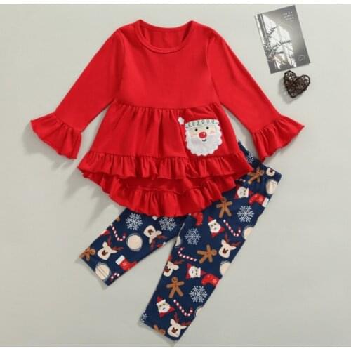 2Pcs Little Girls Outfit, Long Sleeve Round Collar Flared Cuff Trailing Tops + Santa Claus Snowflake Elk Printing Trousers Set