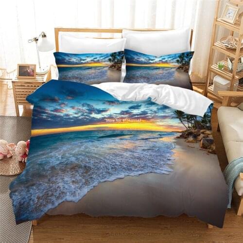Beautiful Beach Coconut Tree Landscape Printed Bedding Set 3D Art Queen King Size Down Covered Pillowcase Set