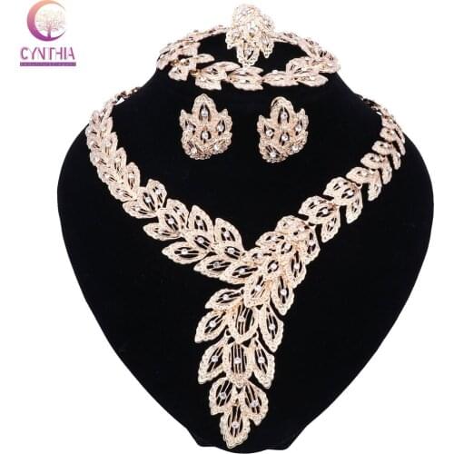 Jewelry Sets For Women Fine Imitation Crystal Necklace Set African Beads Earrings Gold Color Pendant Wedding Dress Accessories