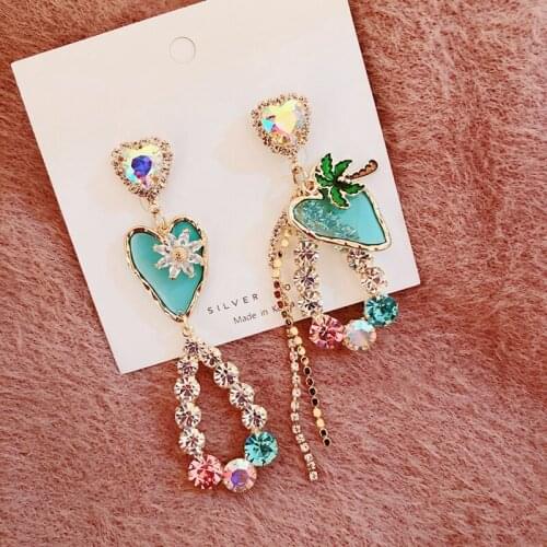Korean Fashion Heart Crystal Drop Earrings For Women Girls Asymmetric Flower Coconut Tree Party Holiday Pendientes Jewelry