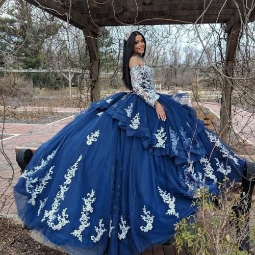 Quinceanera Dresses Navy Blue White Lace Appliques Long Sleeves Ball Gowns Off Shoulder 15 years dresses Sweet 16 Elegant Gowns