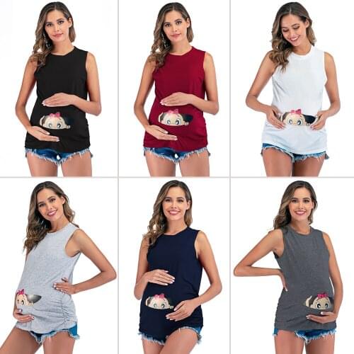2020 Summer Maternity Tops Round Neck T-Shirts for Pregnancy Women Sleeveless Printed Tees Shirts Pregnant Clothing Plus Size