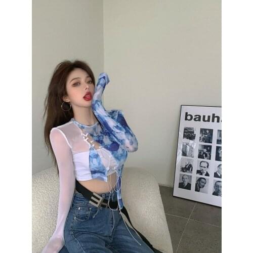 Sweet Cool Womens Y2k Top Tie Dye Dye Gauze T-shirt 2021 Summer New Hollow Out Bandage with Bra