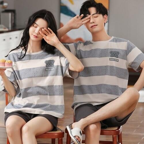 Fashion Korean Stripe Summer Couple Pajamas Set Cool Short Sleeve Homewear Plus Size Casual Cotton Cartoon Cute Women Sleepwear