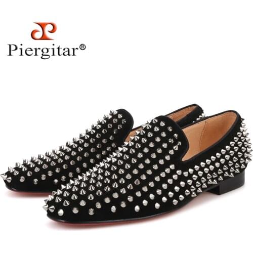 Handmade men black nubuck leather shoes with silver rivet Fashion CL same style men loafers red bottom mens flats Size US 4-17