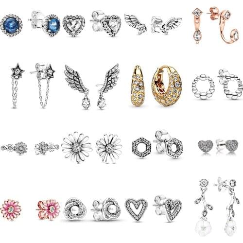 NEW 2019 100% 925 Sterling Silver Heart-shaped Sparkling Angel Wing Stud Earrings Fit DIY Women Original Fashion Jewelry Gift