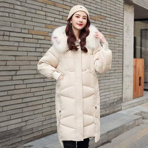 Korean style winter long white duck down jacket for women hooded oversized with fur collar solid loose thick coats female
