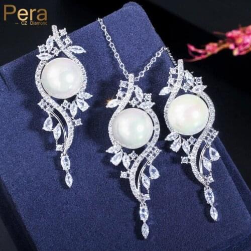 Pera Gorgeous Big Round Simulated Pearl Long Earrings and Necklaces with White Cubic Zircon for Elegant Women Jewelry Sets J300