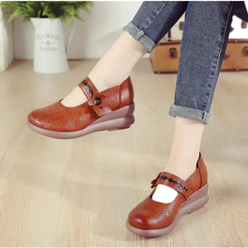 Retro Genuine Leather Women Flat Shoes Woman Bohemian Vintage Style Spring Summer Casual Platform Shoes Hook&Loop Flats
