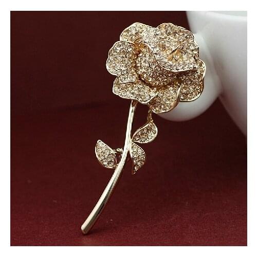 Vintage Female Rose Flower Brooch Luxury White Red Crystal Jewelry Brooches For Women Cute Zircon Stone Pin Dress Coat Accessory