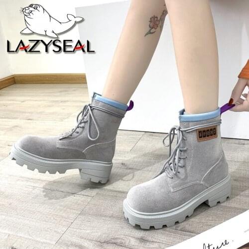 LazySeal Plus Big Size 43 Winter Boots Women Shoes Female Lace Up Suede Leather Shoes Platform Womens Boot Ladies Footwear