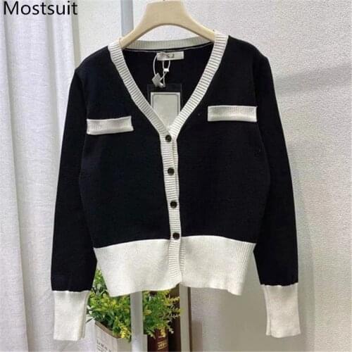 Color-blocked Vintage Knitted Cardigan Tops Women Full Sleeve V-neck Single-breasted Sweater Elegant Korean Fashion Jumpers