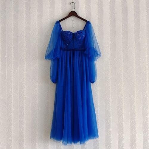 Top Quality New 2021 Autumn Long Party Wedding Women Sexy Square Collar Crystal Beading Long Sleeve Mesh Gown Dress Festival