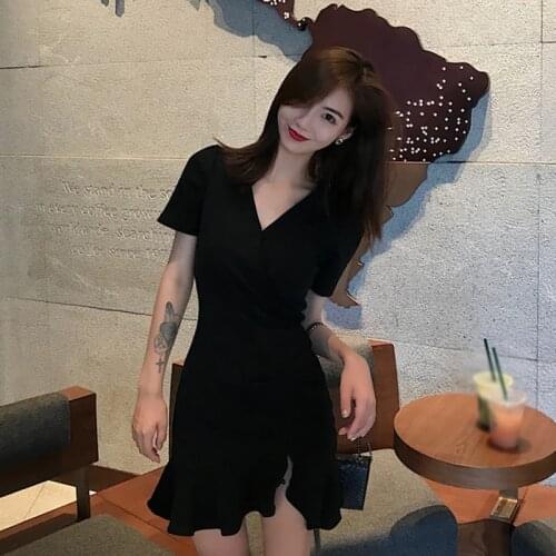 Womem V-Neck Slim Dress Short Sleeve Casual High Waist Dress Ladies Ruffles Dress