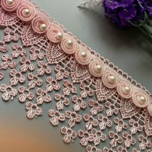 2 Yard 8cm Pink Sequin Ribbon Plum Flowers Pearl Lace Trimmings Ribbons Beaded Lace Fabric Embroidered Sewing Wedding Dress New