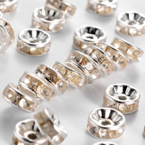 Iron Rhinestone Spacer Beads Grade B Straight Lace Rondelle Silver Color Clear about 8mm in diameter 3.5mm thick Hole:2mm