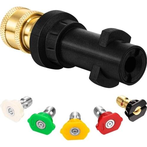Pressure Washer Gun Adapter 1/4 Inch Brass Female Quick Connector Fitting and 5pcs 1/4 Inch Multiple Degrees spray tips