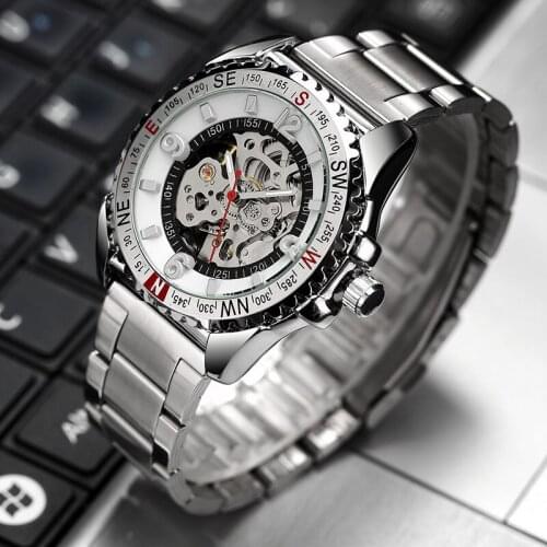 Gorben Skeleton Silver Mechanical Watch Men Automatic Self-Wind Watches Stainless Steel Band Wristwatch Male Relogio Masculino