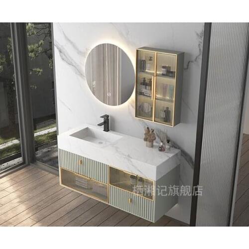 Rock plate integrated basin bathroom cabinet combination ins light luxury Changhong glass oak table cabinet bathroom washroom