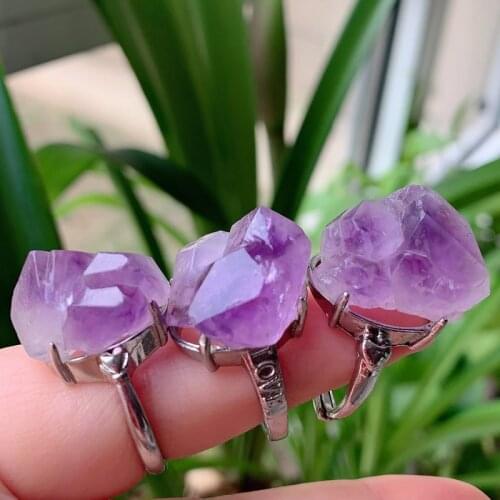 Reiki Rock Crystal Rings Open Adjustable Irregular Stone Flower Natural Amethysts Purple Quartz Ring Party Wedding Jewelry Women
