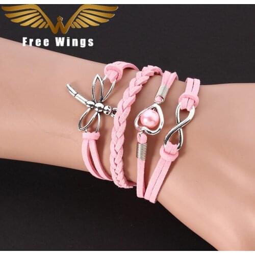 Leather Wrap Charm Dragonfly Infinite Love Heart Bead Bracelets & Bangles Wedding Men Jewelry Pink Bracelet