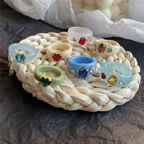 Cute Colorful Crystal Finger Rings Transparent Resin Acrylic Geometric Square Round Rings Set for Women Girl Jewelry Best Gifts