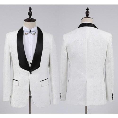Fashion White Groom Tuxedos Groomsmen One Button Shawl Collar Best Man Suit Wedding Mens Blazer Suits (Jacket+Pants+Vest+Bow tie