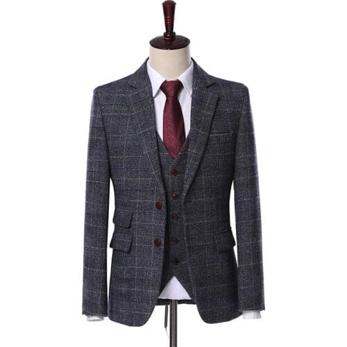 2019 Wool Grey Herringbone Retro Gentleman Style Custom Made Tweed Plaid Men Groom Wedding Suits Blazer Suits For Men 3 Pieces