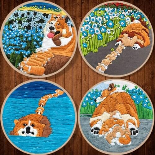 Cartoon Dogs Embroidery Materials Package With Hoop Handcraft Cross Stitch Set Beginners DIY Decor Embroidery Kit Sewing Supplie