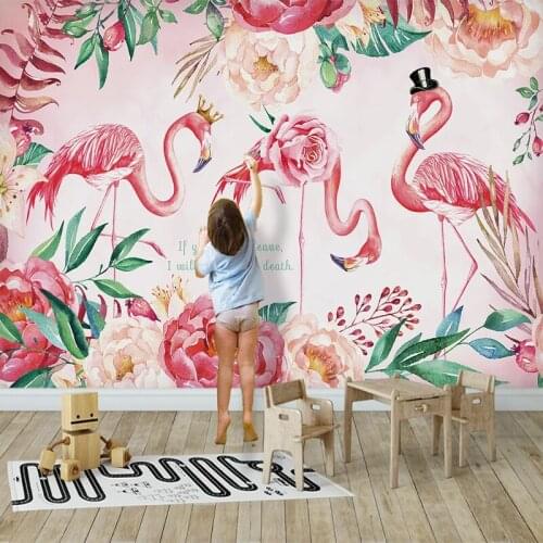 Custom Mural Wallpaper 3D Nordic Flamingo Flower Plant Photo Background Wall Decoration Painting Kids Room Living Room Bedroom
