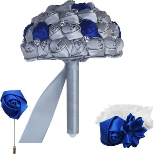 New Satin Bouquets Silver Royal Blue Bridesmaid Bouquet Wedding Bridal Bouquets set Boutounniere and CorsageT1380-S