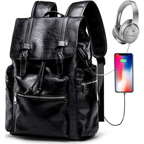 Casual Black Men Leather backpack With USB Charging Men PU Leather Backpack earphone Hole Big Capacity Cover Men Backpack