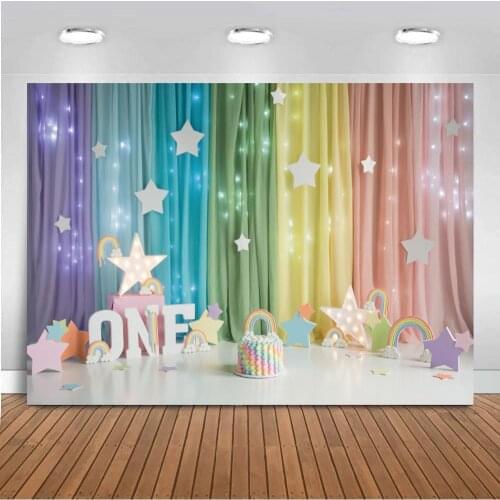 Rainbow Curtain 1st Birthday Party Photo Background Decoration Colorful Rainbow Newborn One Birthday Backdrop Stars Photography