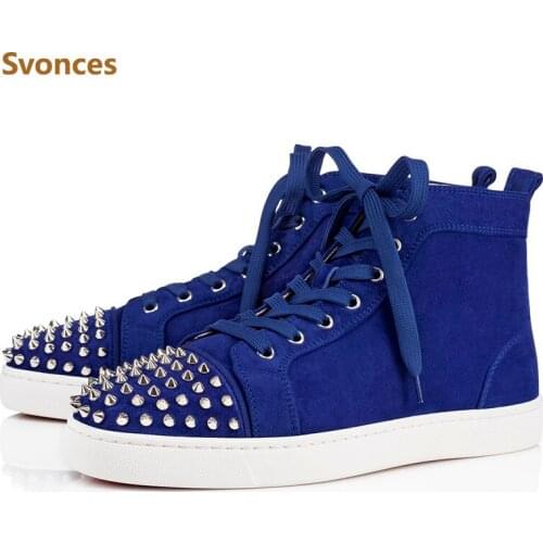 Unisex Blue Casual Sneakers High Top Flock Designer Fashion Rivets Mens Shoes Lace-up Comfortable Flats Platform Ankle Boots