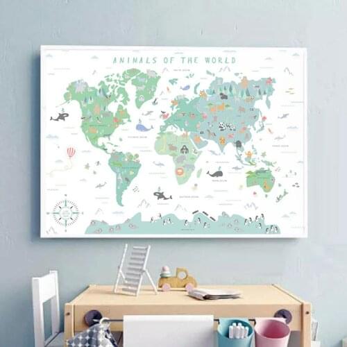 Nordic Nursery Posters and Prints World Map Of Animals Canvas Painting Watercolor Cartoon Wall Art Picture for Kid Bedroom Decor