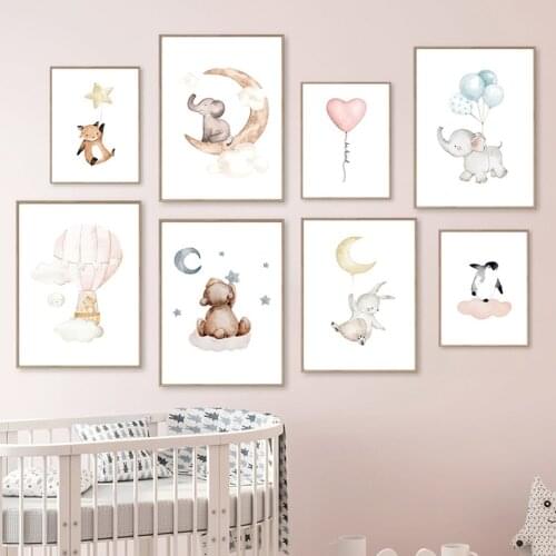 Elephant Penguin Bunny Bear Balloon Moon Stars Wall Art Canvas Painting Nordic Posters And Prints Wall Pictures Kids Room Decor