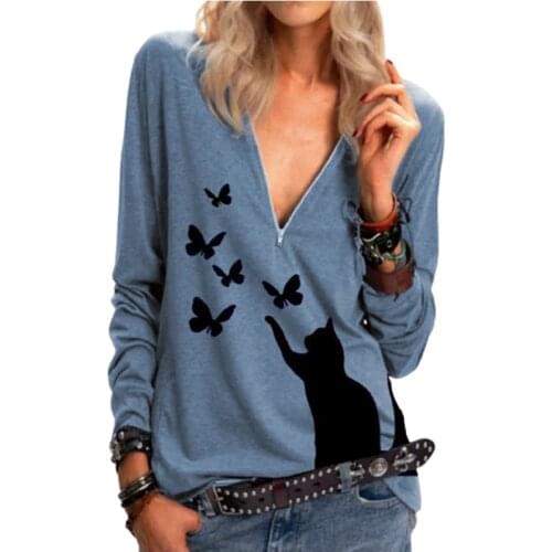 Cat Play With Butterflies Cartoon Print Tshirt Long Sleeve Women Zipper V-Neck Casual Top Tees Autumn Spring New Clothing 2020