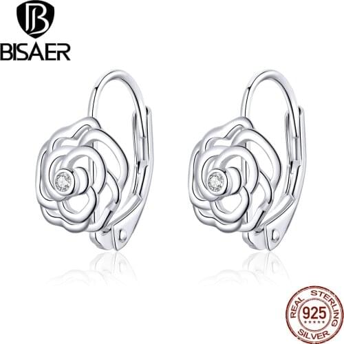 Rose Flower Jewelry BISAER Original 925 Sterling Silver Rose Flower Stud Earrings for Women Sterling Silver Jewelry ECE745