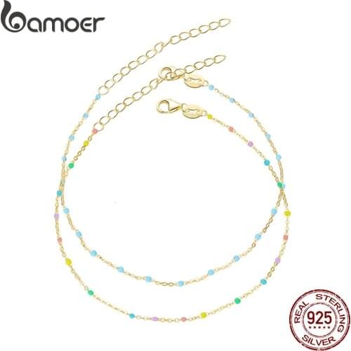 Bamoer Gold Enamel Rainbow Colorful Bracelet 925 Sterling Silver Adjustable Chain Bracelets for Women Fine Jewelry SCB211