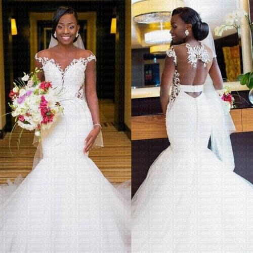 2020 New African Appliques Mermaid Wedding Dress Sexy Sheer Back Bridal Gowns Vestido De Novia