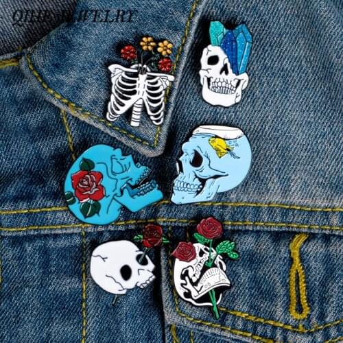QIHE JEWELRY Flower Skull Enamel Pins Collection Skeleton Head Rose Lapel Pins Love and Death Badges Romantic Brooches