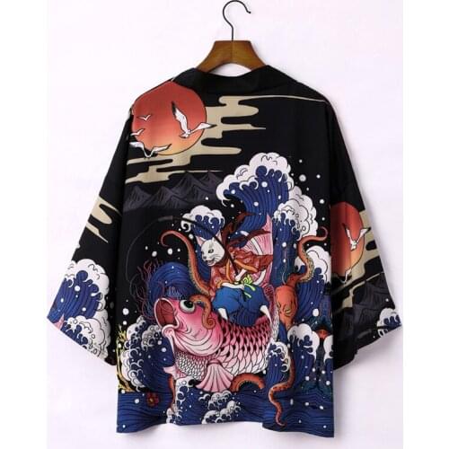Kimono Cardigan for Mens Summer New Leisure Loose Harajuku Style Carp Printing Haori Tops Fashion Cool Streetwear Mens Yukata