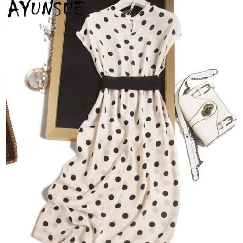 AYUNSUE Summer Dresses for Women 2021 Real Silk Polka-dot Dress Midi Korean Casual Dress Fashion Women Clothing Vestidos Ycq15