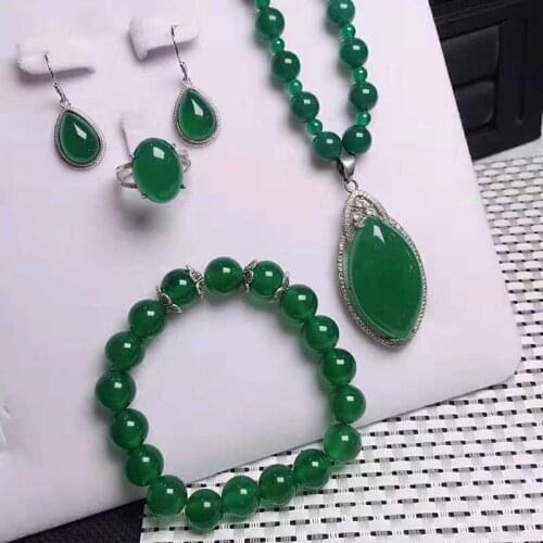 Natural ice green agate jade bracelet pendant ring earrings four piece suit