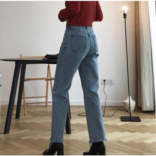 Obrix Fashionable High Waist Casual Style Solid Color High Quality Regular Fit Denim Blue Female Jeans